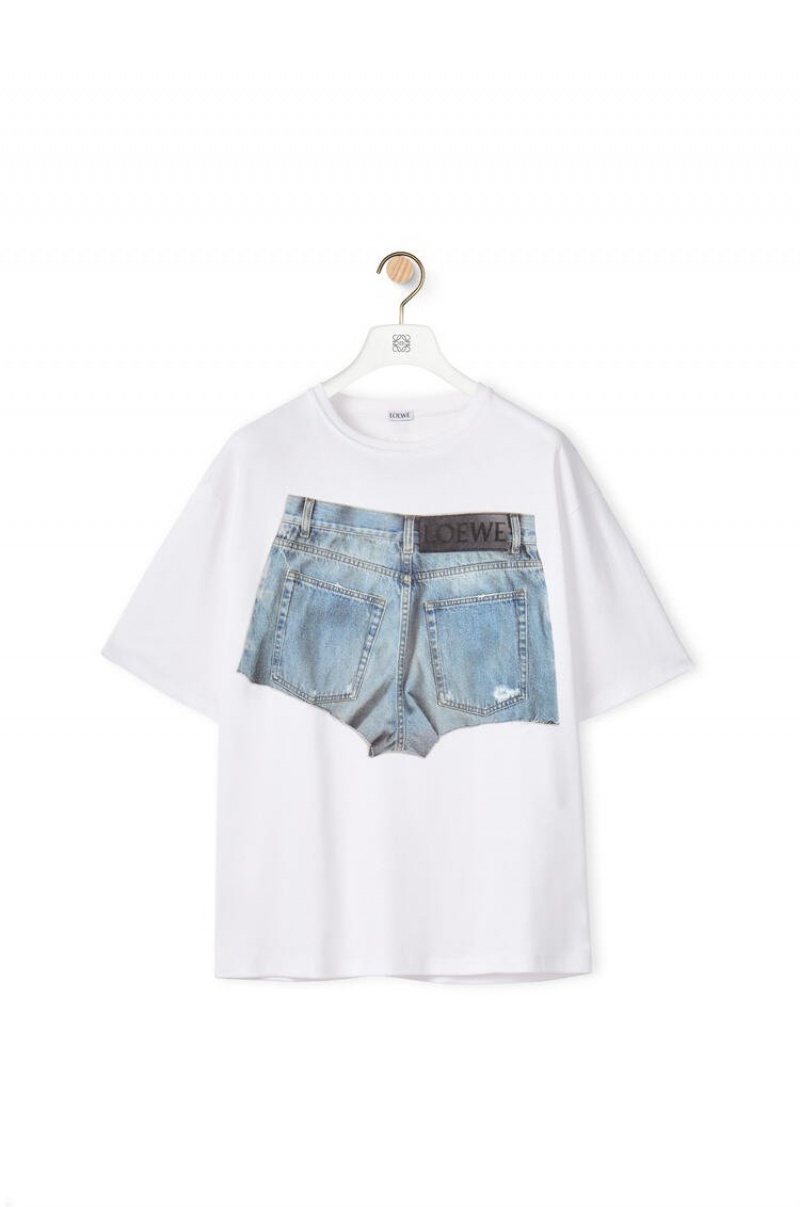 Camiseta Loewe Denim shorts print T-shirt in cotton Hombre Blancas | 819VSCOJT