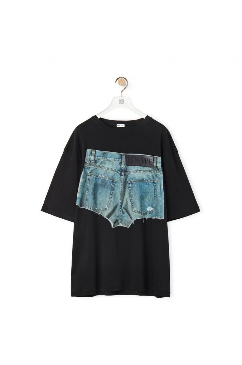 Camiseta Loewe Denim shorts print T-shirt in cotton Hombre Negras | 925TWOJPQ