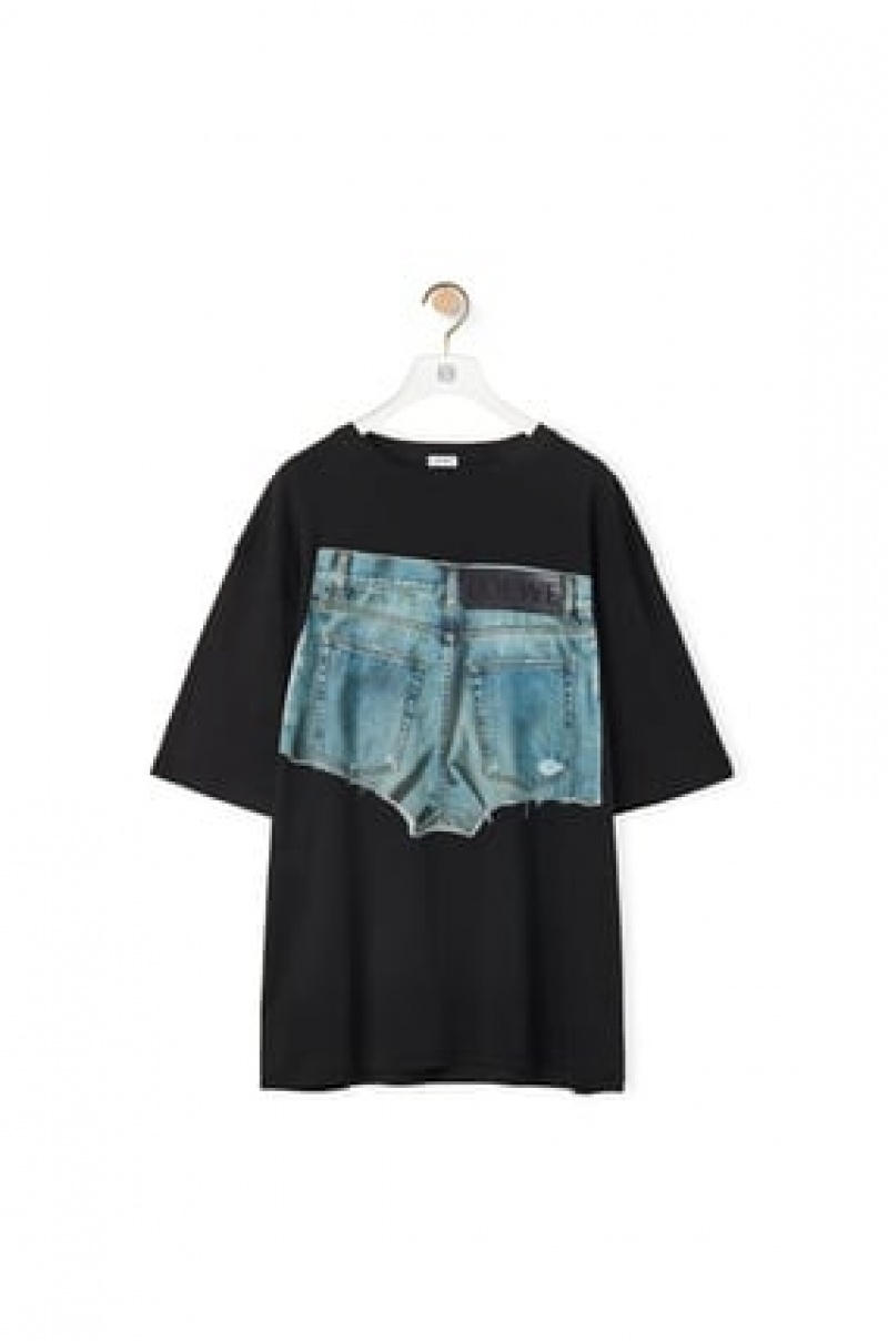 Camiseta Loewe Denim shorts print T-shirt in cotton Hombre Negras | 925TWOJPQ