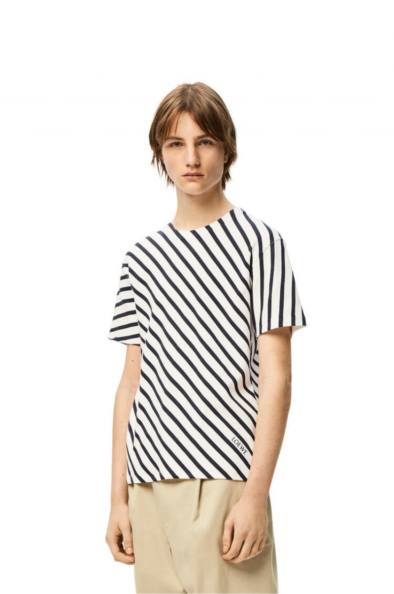 Camiseta Loewe Diagonal stripe T-shirt in cotton Hombre Blancas Azul Marino | 072ENBMZR