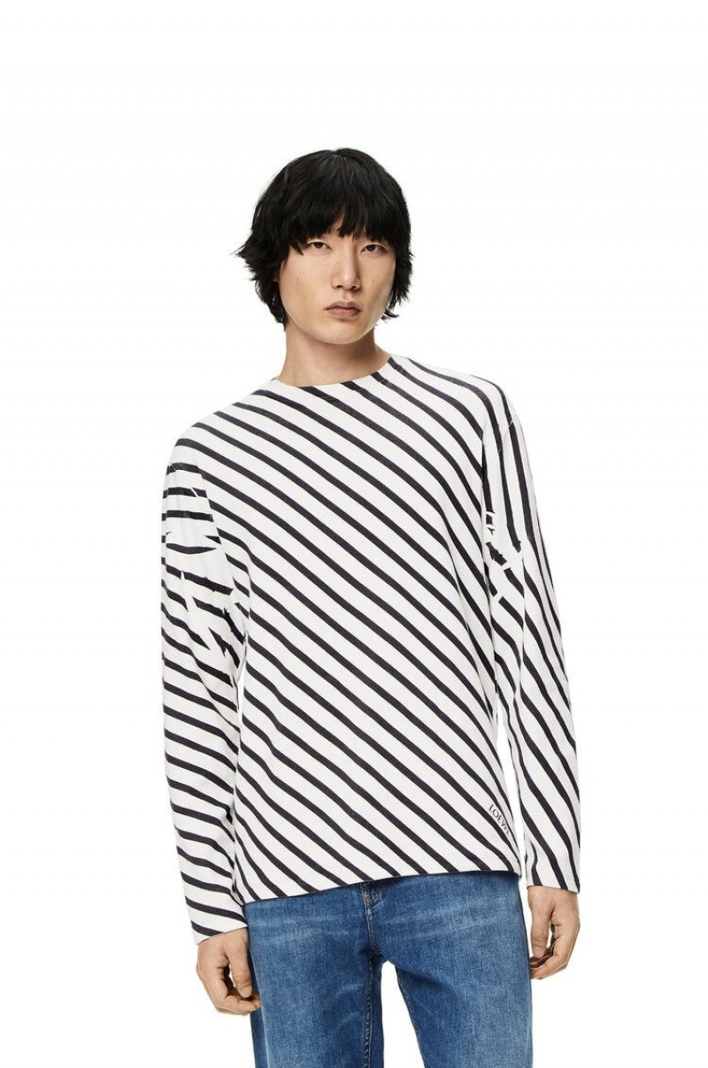 Camiseta Loewe Diagonal stripe T-shirt in cotton Hombre Blancas Azul Marino | 076CDGWZJ