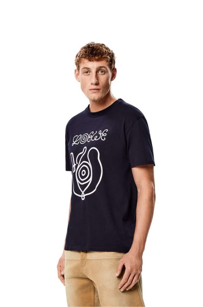 Camiseta Loewe Embroidered T-shirt in organic cotton Hombre Azules | 659WKUTFZ