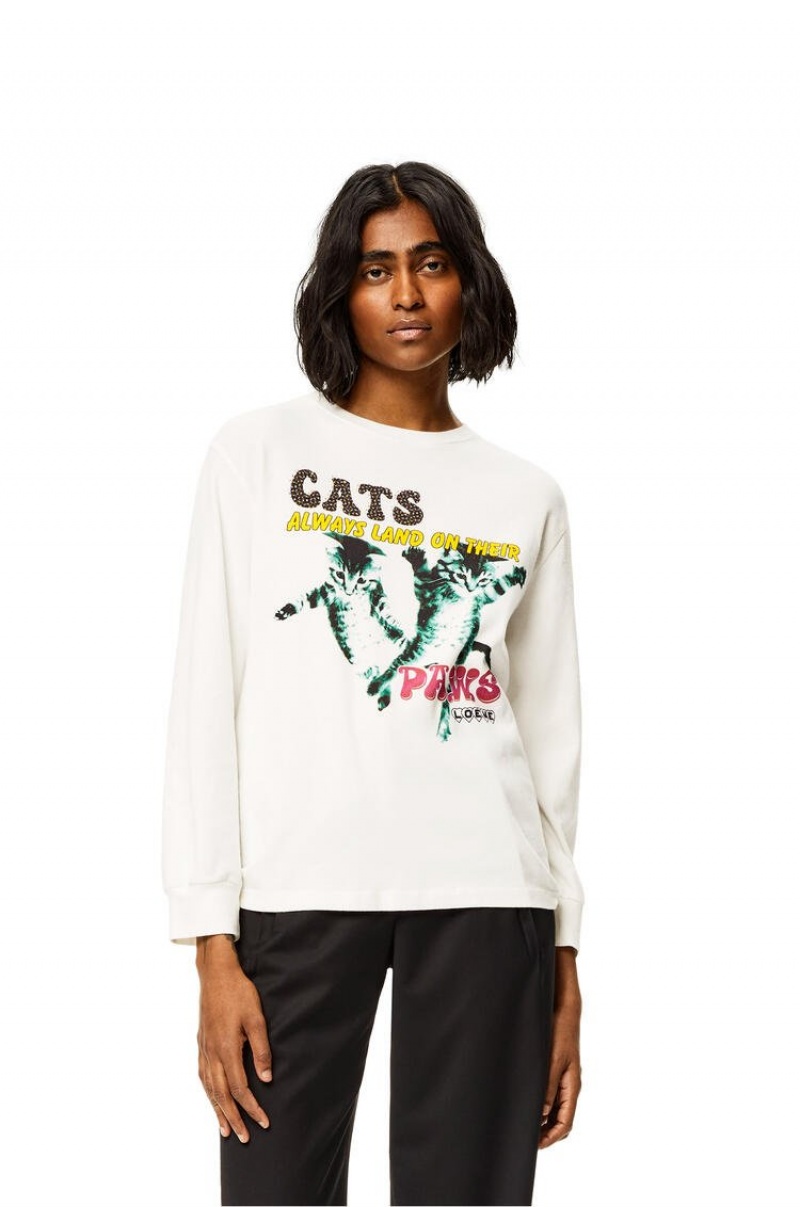 Camiseta Loewe Long sleeve Cats print T-shirt in cotton Mujer Blancas | 934UXISNK