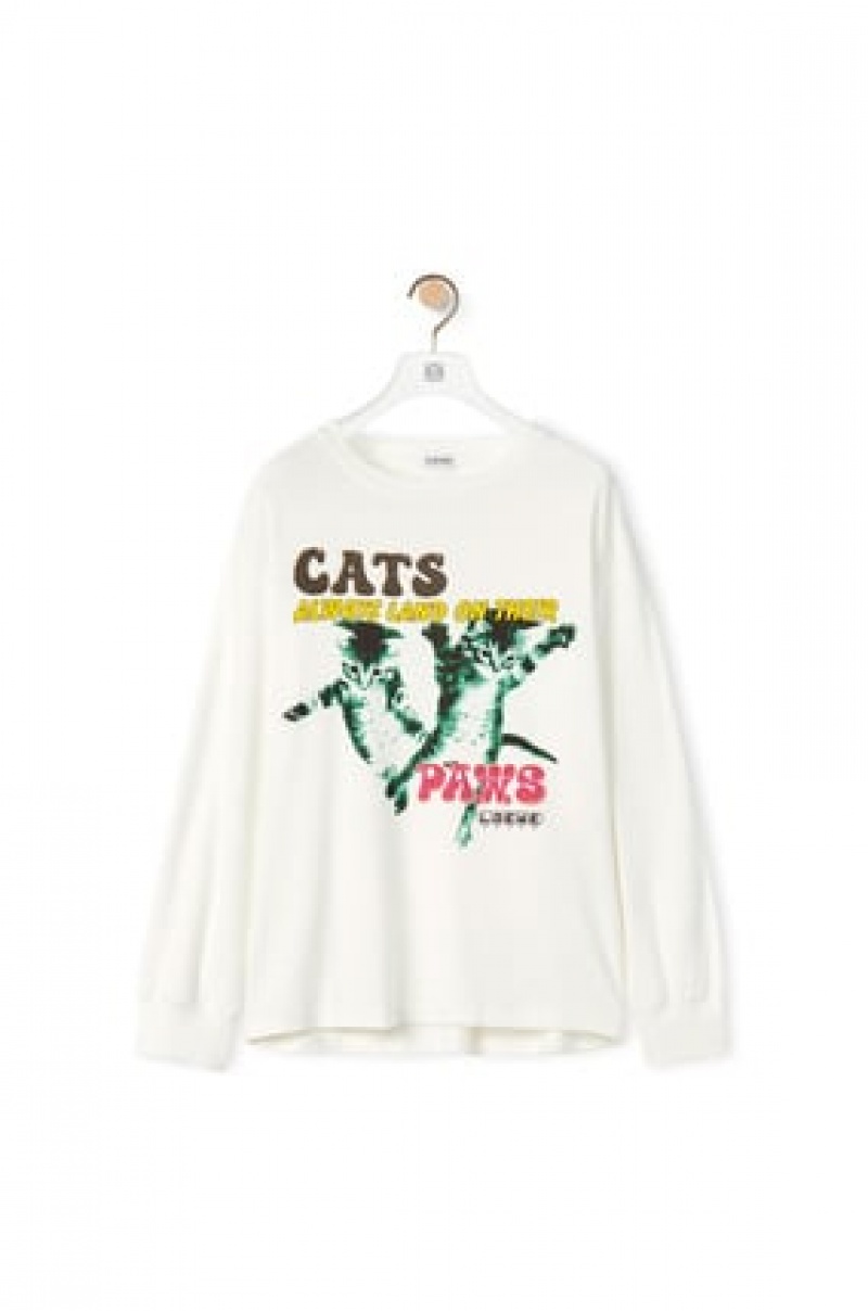 Camiseta Loewe Long sleeve Cats print T-shirt in cotton Mujer Blancas | 934UXISNK