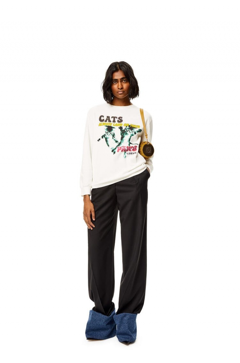 Camiseta Loewe Long sleeve Cats print T-shirt in cotton Mujer Blancas | 934UXISNK