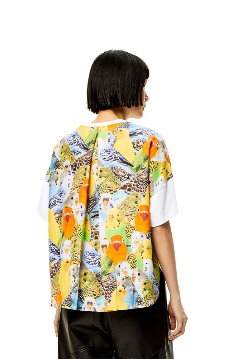 Camiseta Loewe Parrots print T-shirt in cotton and silk Mujer Blancas Multicolor | 308CIBATM