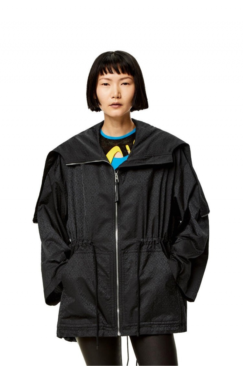 Chaquetas Loewe Anagram jacquard hooded jacket in nylon Mujer Negras | 950HJRYBT