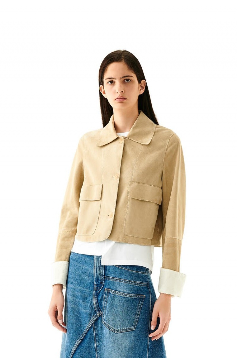 Chaquetas Loewe Button jacket in suede Mujer Doradas | 674IKUTBP