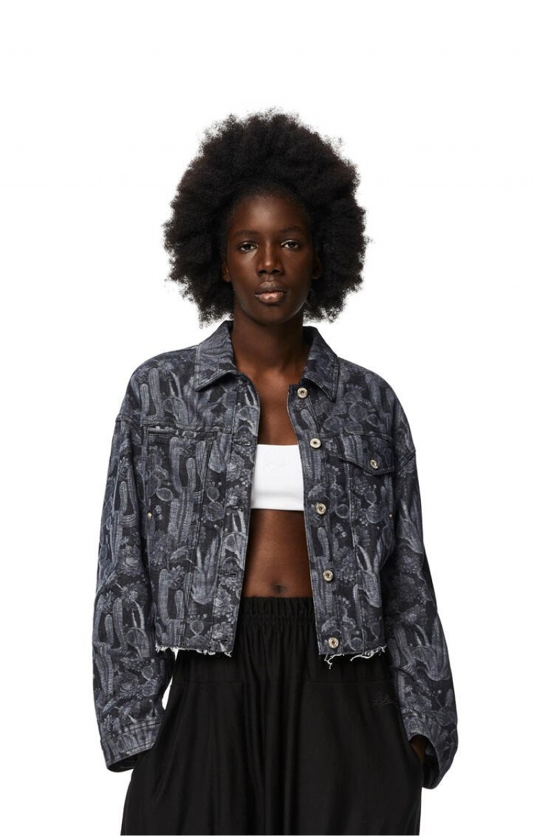 Chaquetas Loewe Cropped cactus jacket in denim Mujer Negras Blancas | 129ETKQNV