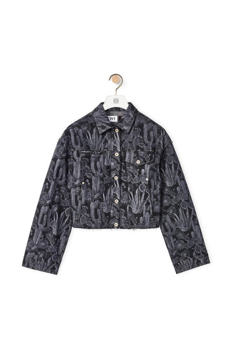 Chaquetas Loewe Cropped cactus jacket in denim Mujer Negras Blancas | 129ETKQNV