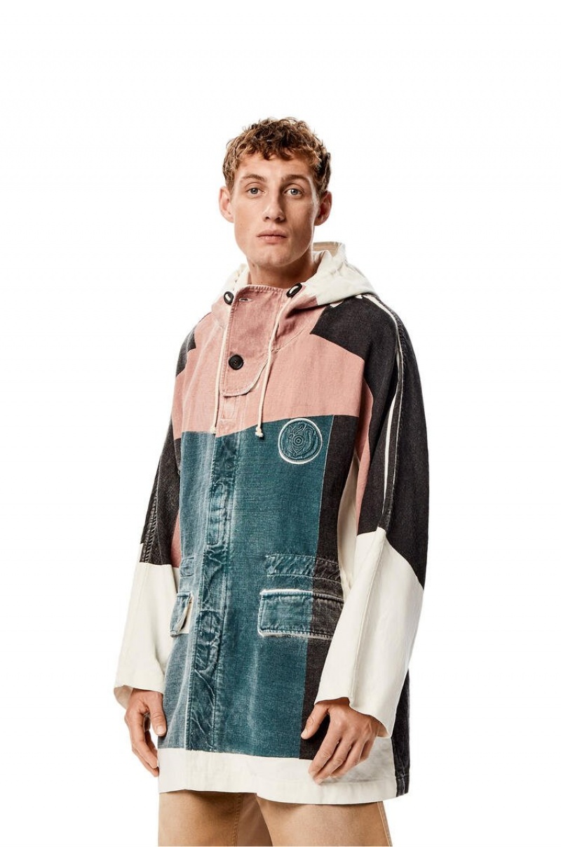 Chaquetas Parka Loewe Printed hooded parka in linen and cotton Hombre Blancas Multicolor | 764DVIXSF