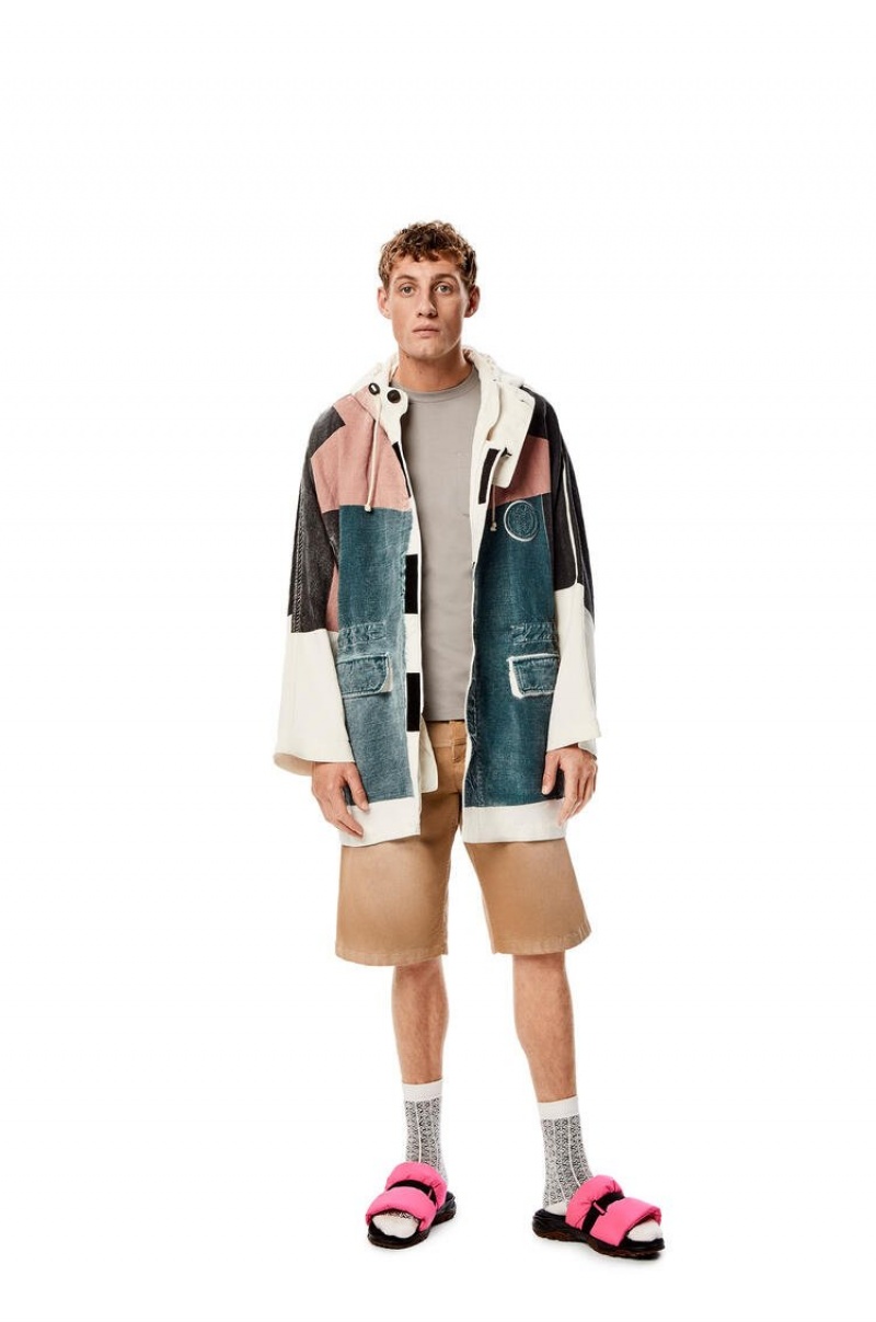 Chaquetas Parka Loewe Printed hooded parka in linen and cotton Hombre Blancas Multicolor | 764DVIXSF