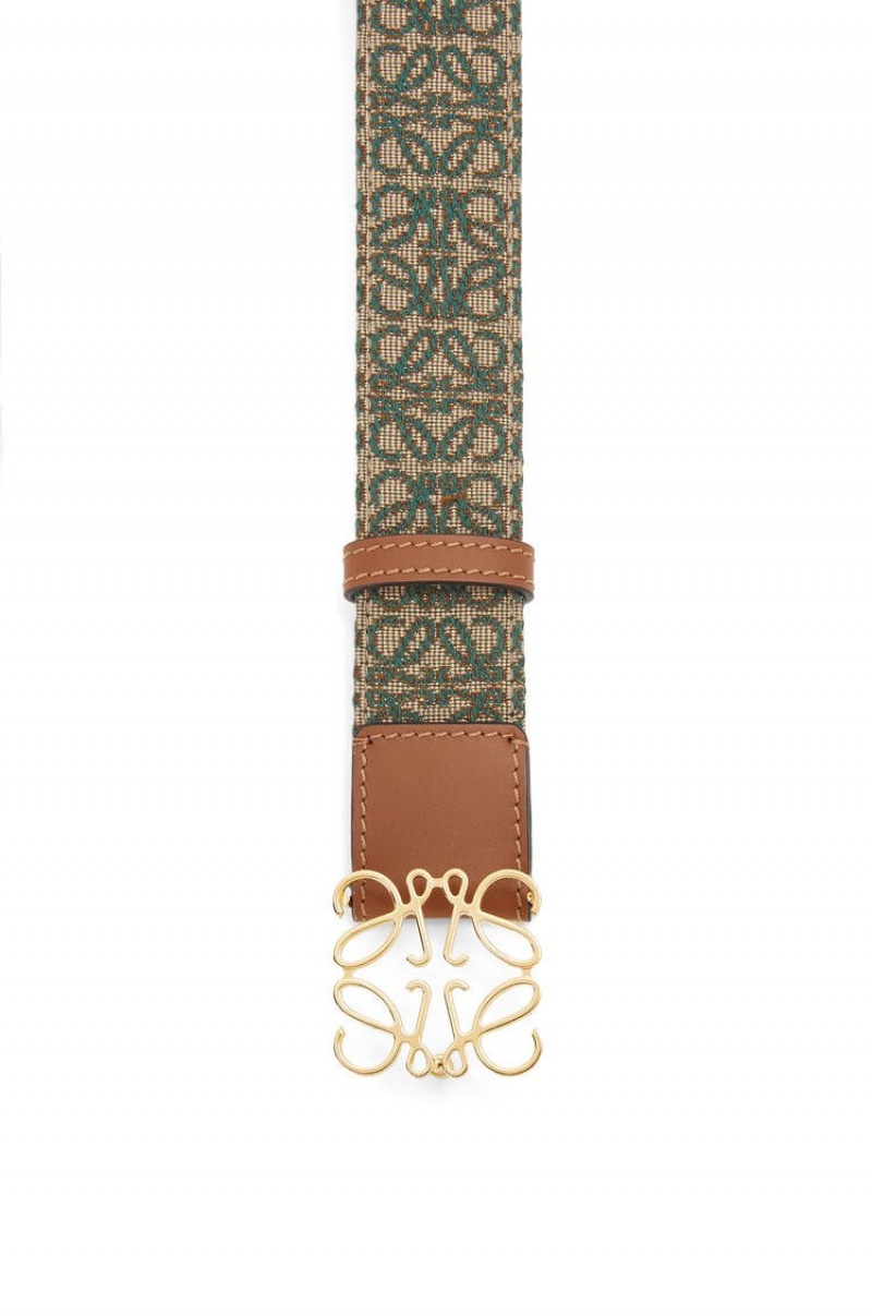 Cinturones Loewe Anagram belt in jacquard and calfskin Hombre Kaki Verde Doradas | 231GJSTUH