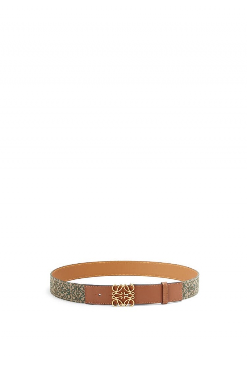 Cinturones Loewe Anagram belt in jacquard and calfskin Hombre Kaki Verde Doradas | 231GJSTUH