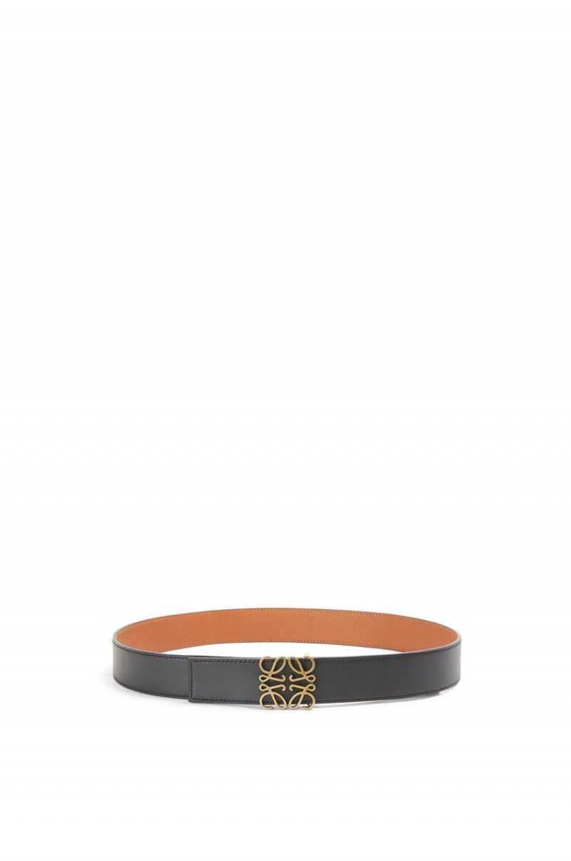 Cinturones Loewe Reversible Anagram belt in soft grained calfskin Hombre Negras Doradas | 460FBWRAY