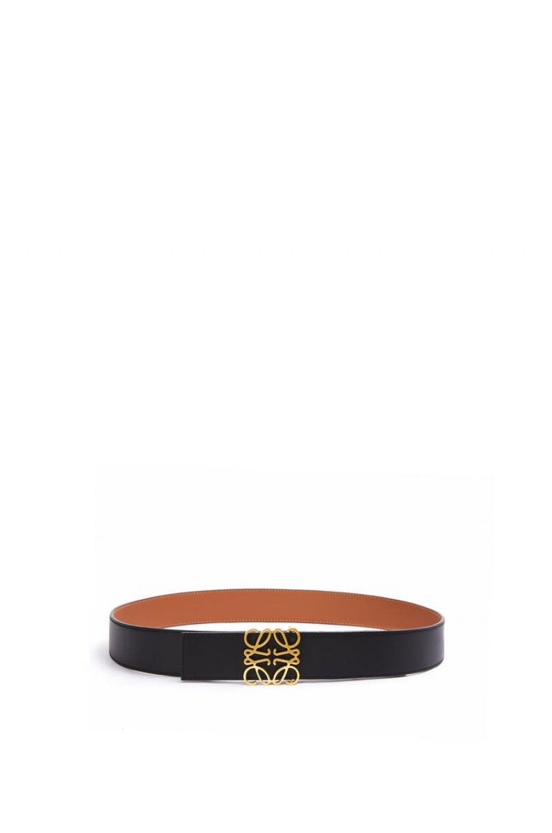 Cinturones Loewe Reversible Anagram belt in smooth calfskin and brass Hombre Negras Doradas | 950MFNVUZ