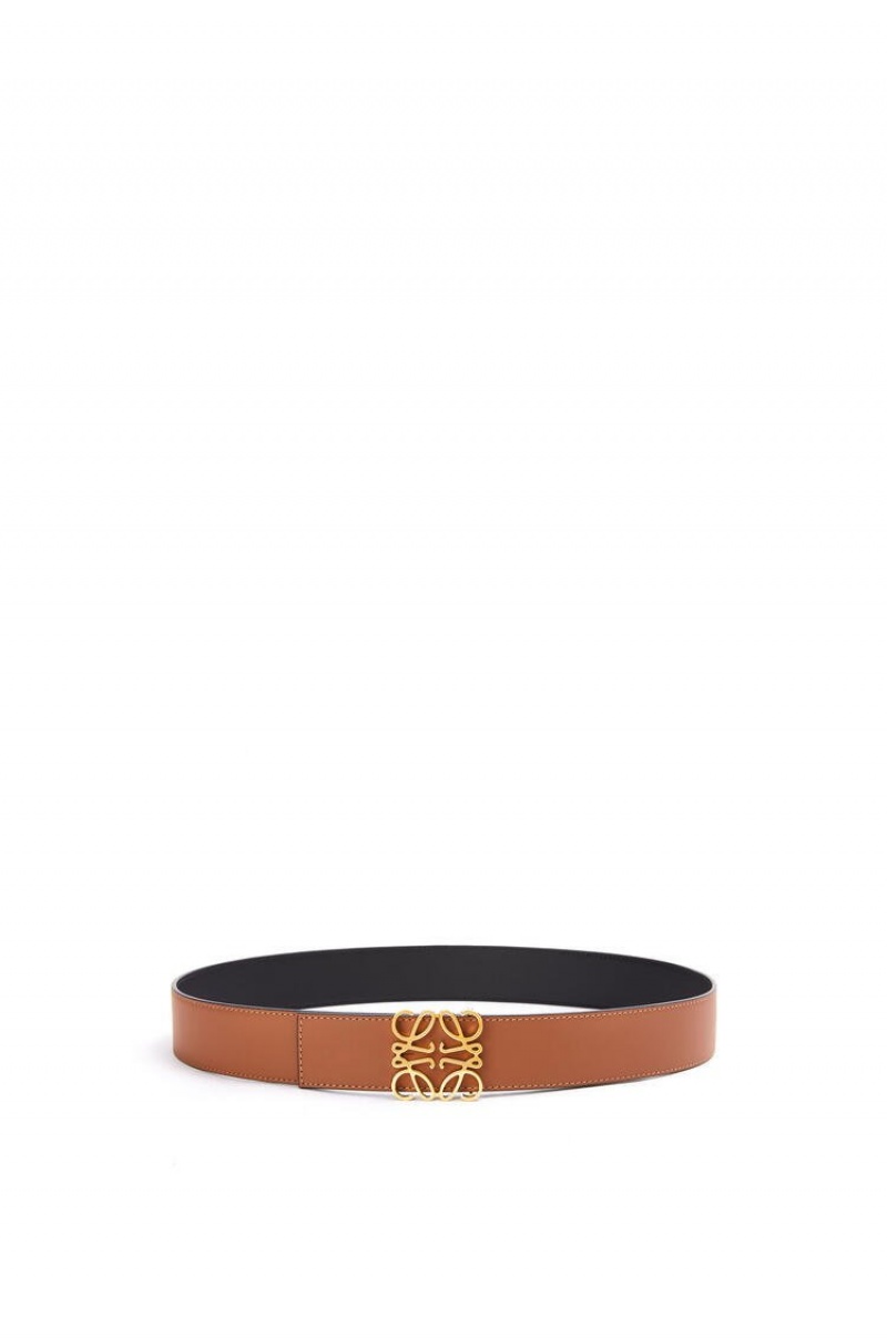 Cinturones Loewe Reversible Anagram belt in smooth calfskin and brass Hombre Negras Doradas | 950MFNVUZ