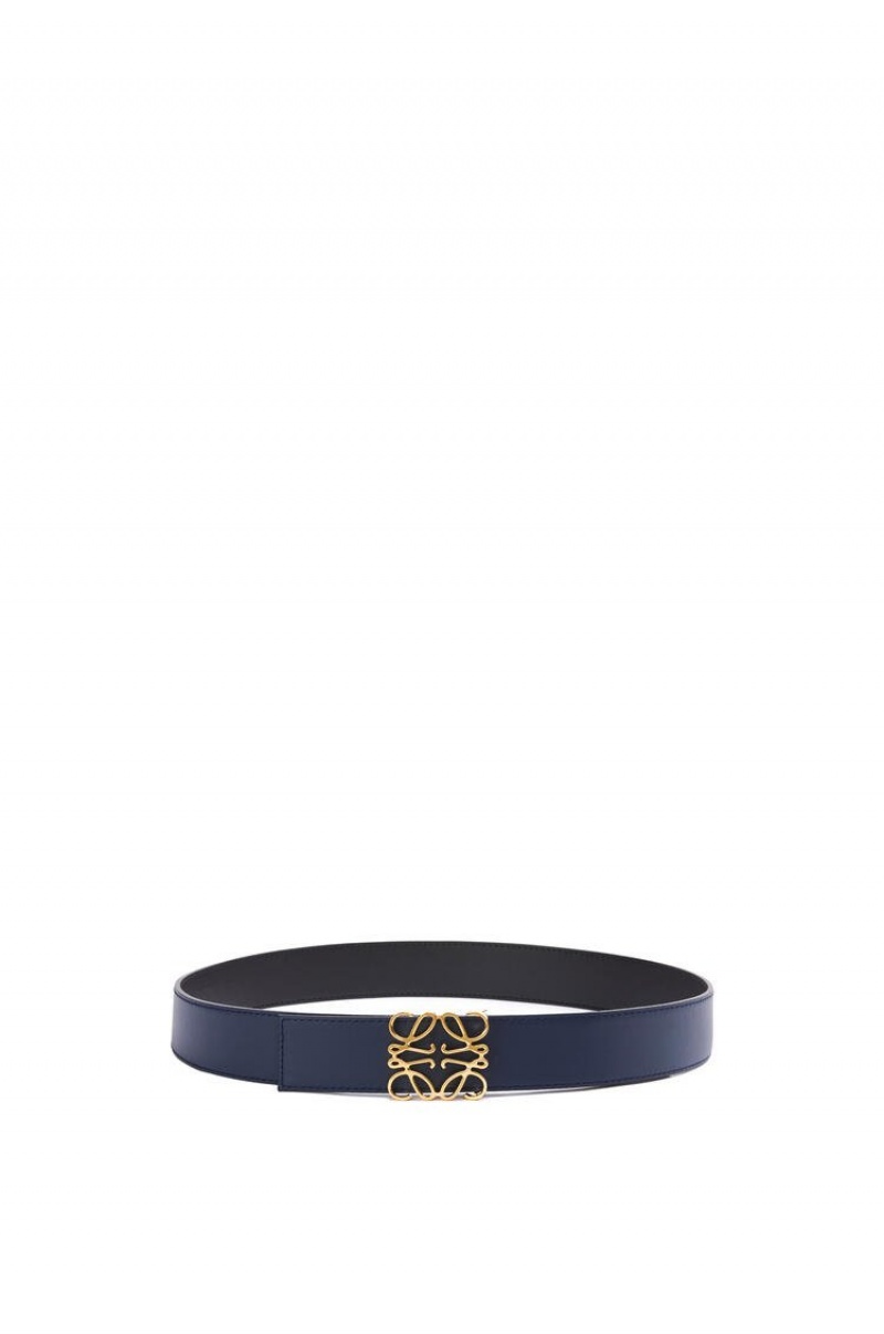 Cinturones Loewe Reversible Anagram belt in smooth calfskin and brass Hombre Negras Azul Marino Doradas | 678GYILNB