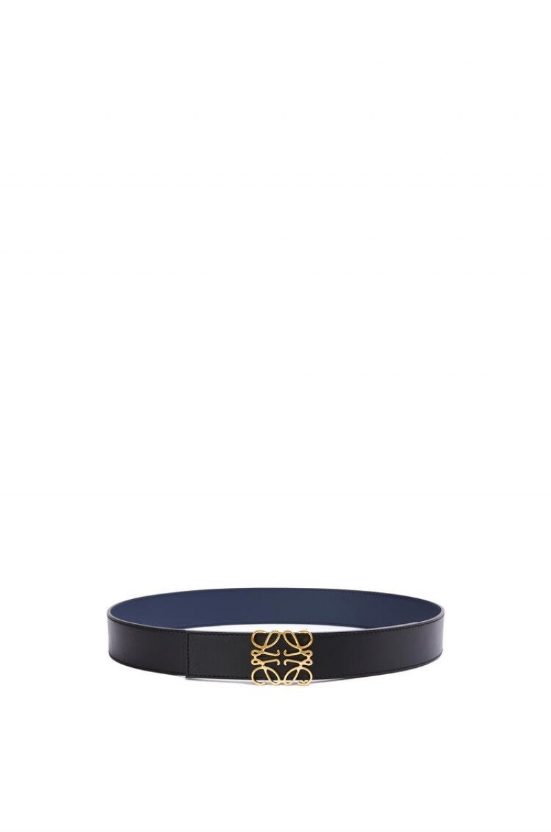 Cinturones Loewe Reversible Anagram belt in smooth calfskin and brass Hombre Negras Azul Marino Doradas | 678GYILNB