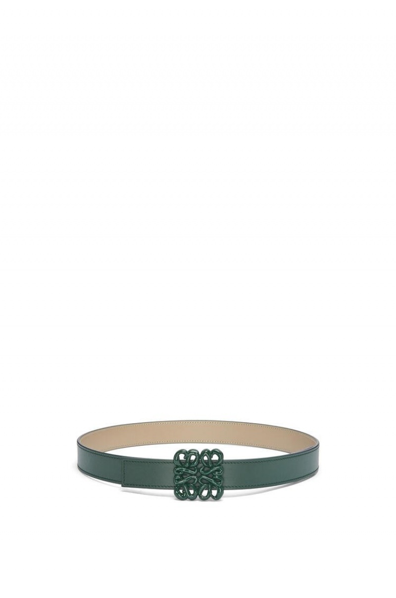 Cinturones Loewe Reversible Inflated Anagram belt in soft calfskin Mujer Kaki Verde | 039XJZWVK