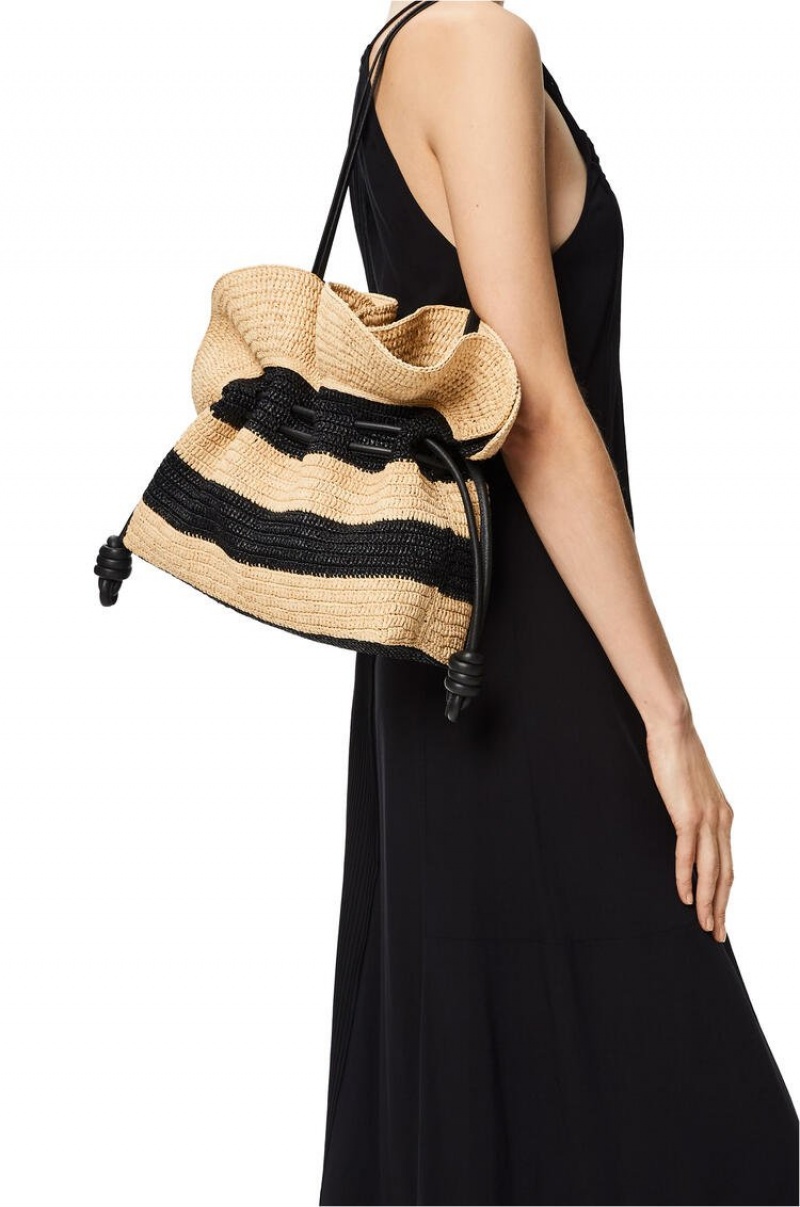 Clutch Loewe Flamenco Clutch in striped raffia and calfskin Mujer Negras | 409YXTMLD