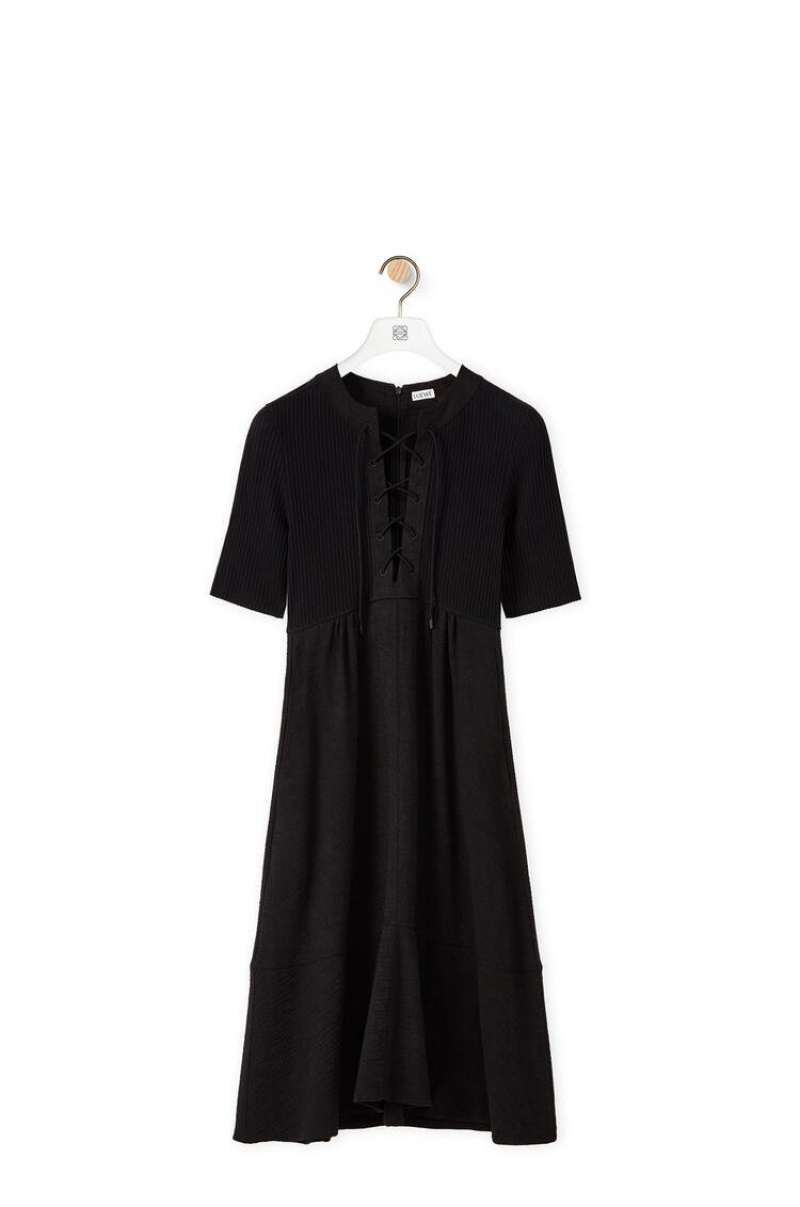 Dresses Loewe Encaje up dress in linen and cotton Mujer Negras | 791RFXMVZ