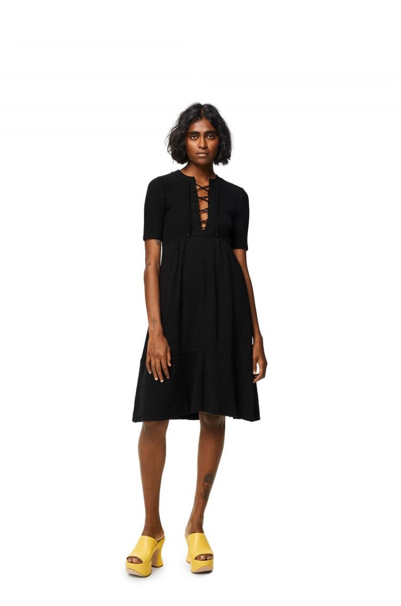 Dresses Loewe Encaje up dress in linen and cotton Mujer Negras | 791RFXMVZ