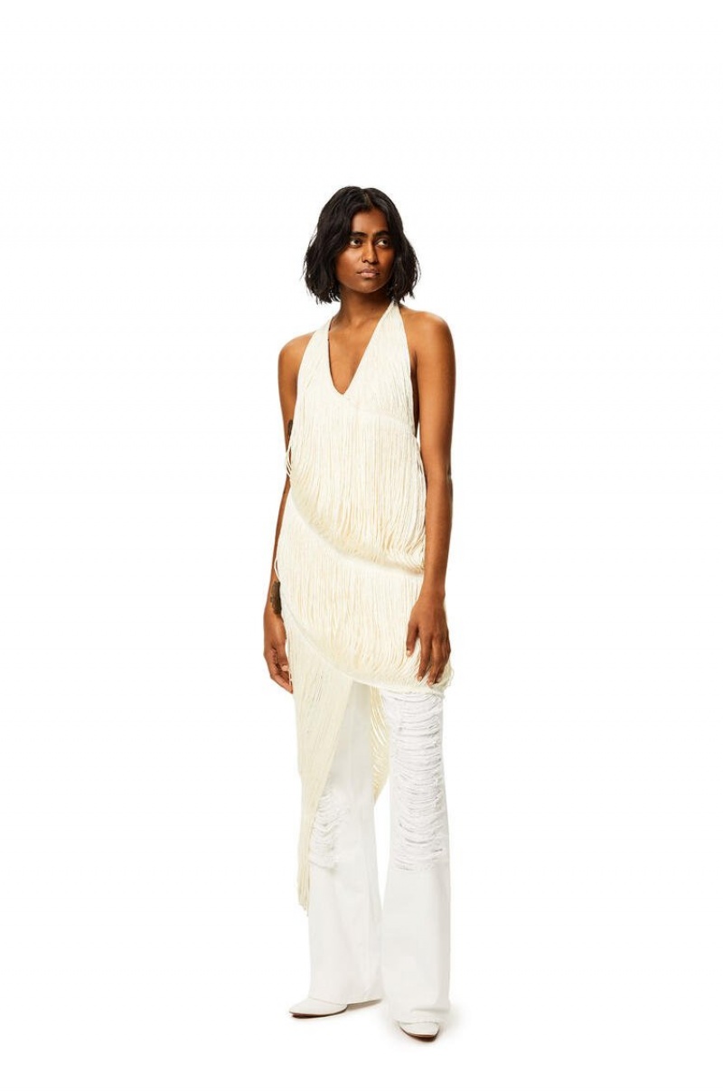 Dresses Loewe Fringed dress in silk Mujer Ecru | 042BOPEUH