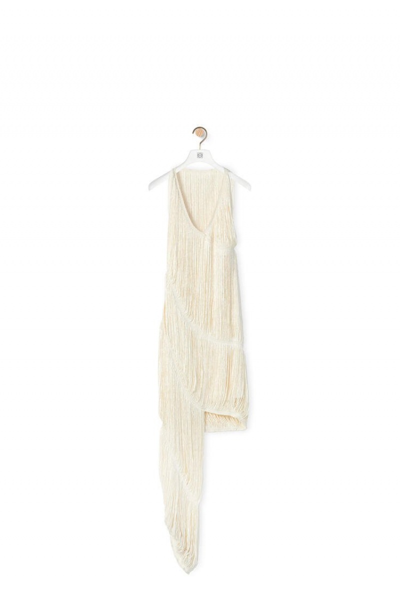 Dresses Loewe Fringed dress in silk Mujer Ecru | 042BOPEUH