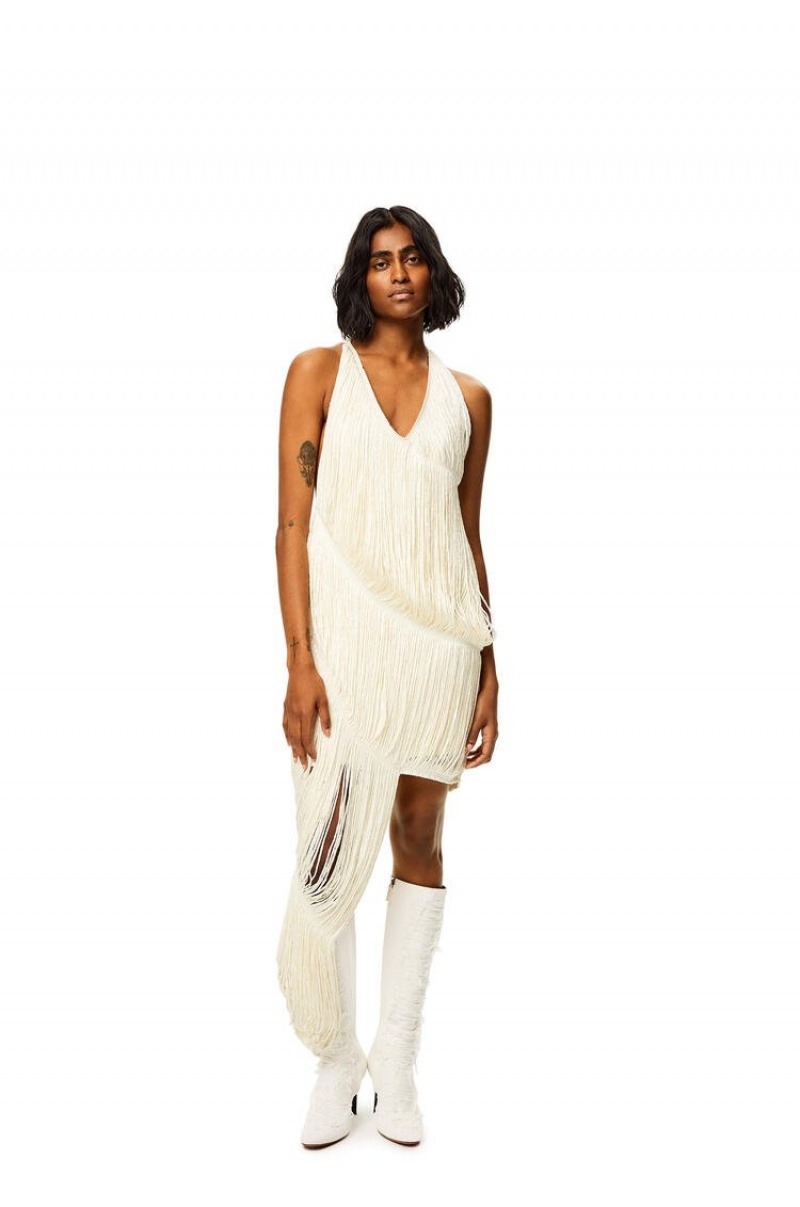 Dresses Loewe Fringed dress in silk Mujer Ecru | 042BOPEUH