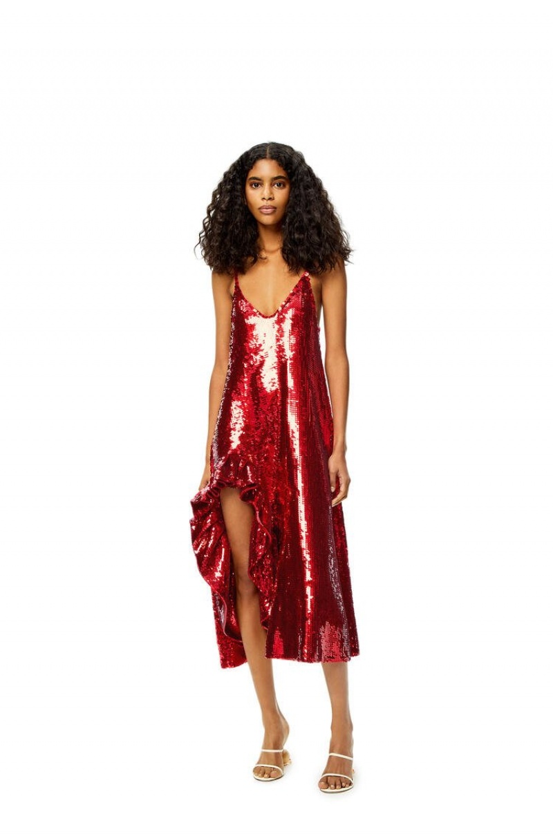 Dresses Loewe Sequin ruffle dress in wool Mujer Rojas | 743LMITDN