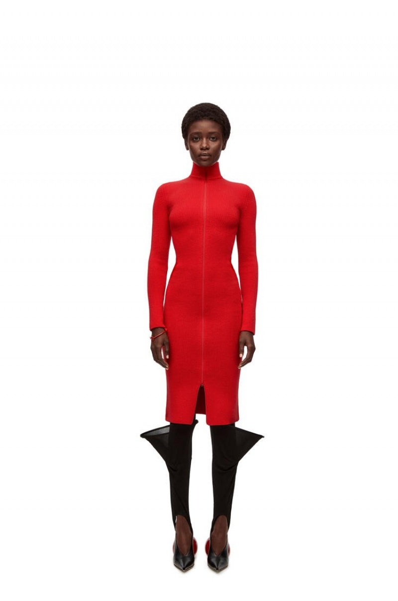 Dresses Loewe Zip up midi dress in wool Mujer Vermillion | 523ULEAGF