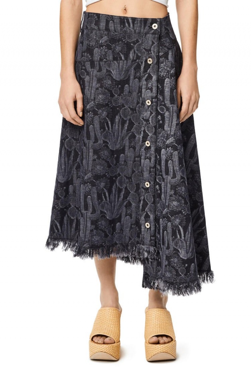 Falda Loewe Cactus skirt in denim Mujer Negras Blancas | 563DUHXCI