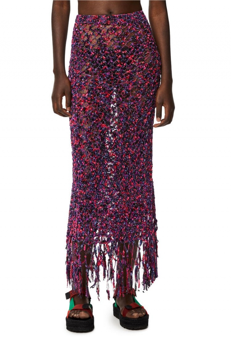 Falda Loewe Fringed midi skirt in polyamide Mujer Rosas Moradas Azules | 984INFVAK