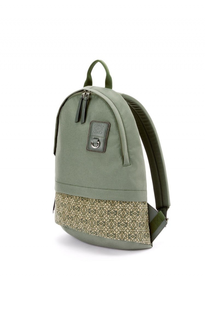 Mochilas Loewe Round Slim Backpack in canvas and Anagram jacquard Hombre Kaki Verde | 894NDIQFX