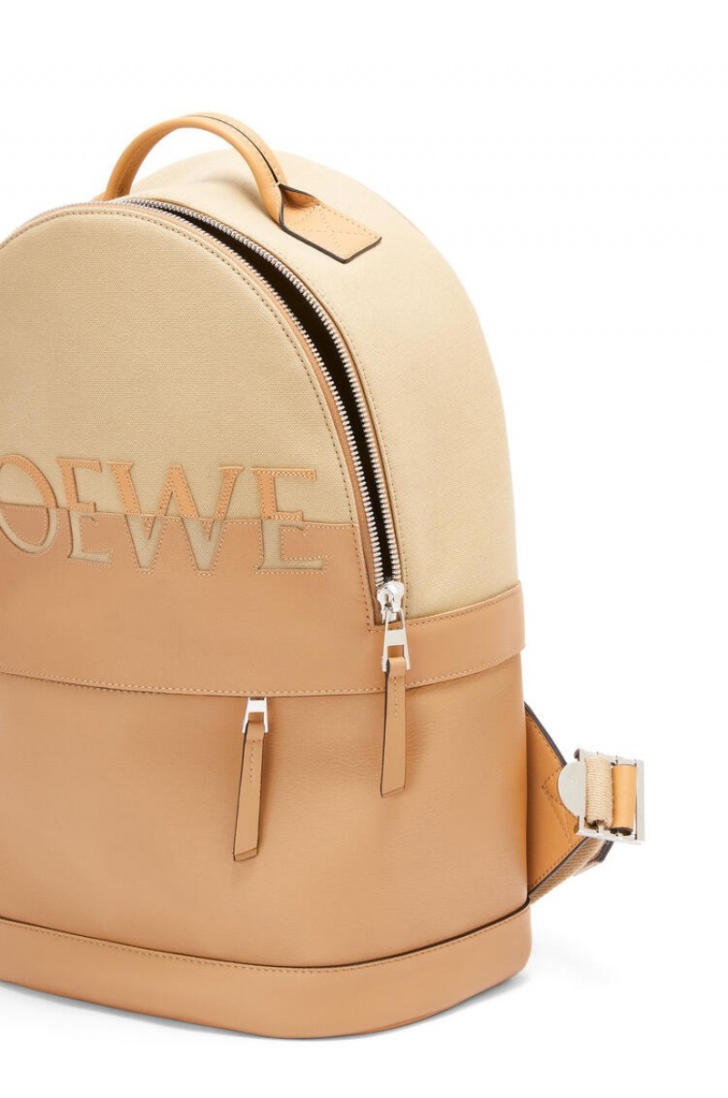 Mochilas Loewe Signature Round backpack in canvas and classic calfskin Hombre Creta / Warm Desert | 607FWMEYQ