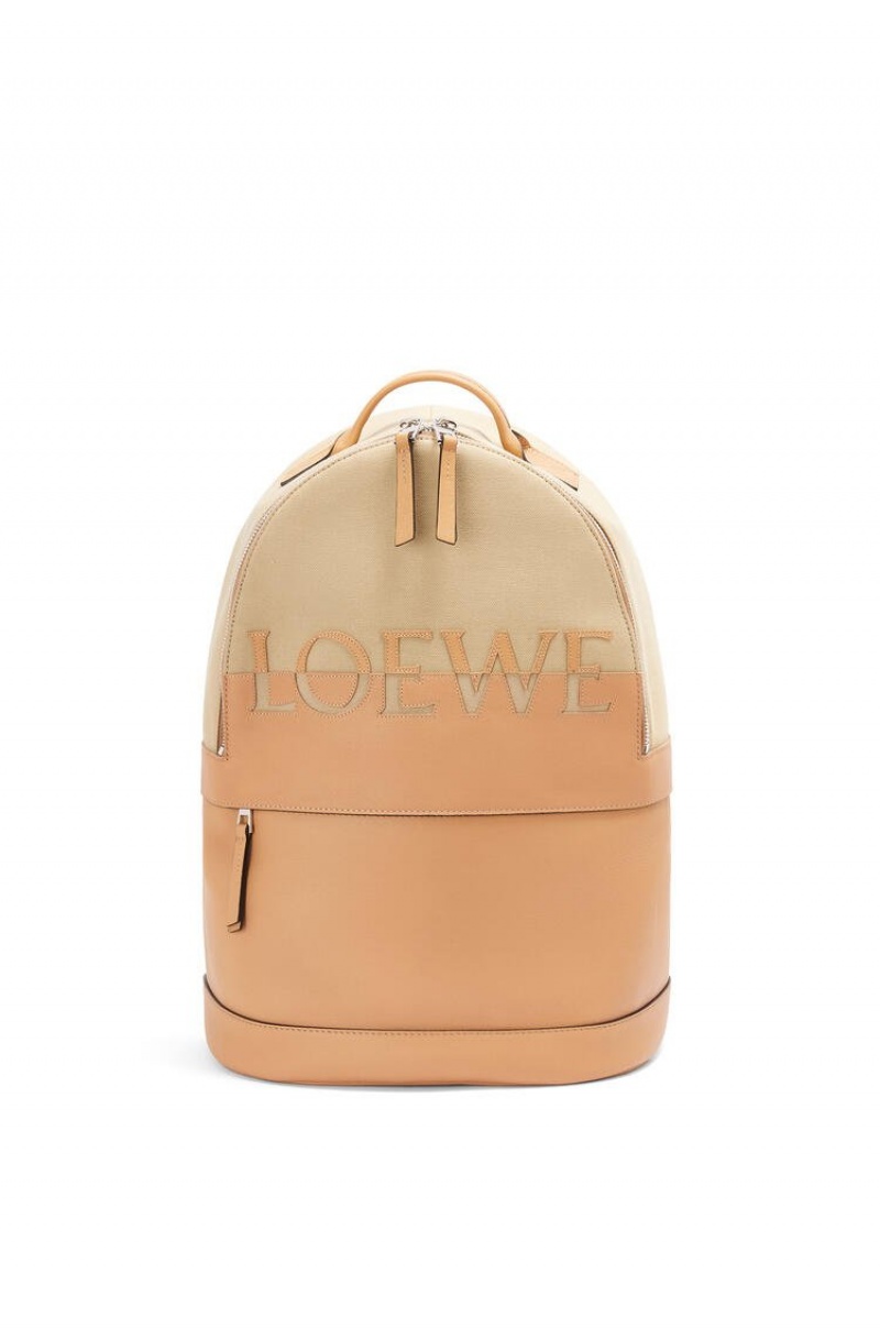 Mochilas Loewe Signature Round backpack in canvas and classic calfskin Hombre Creta / Warm Desert | 607FWMEYQ