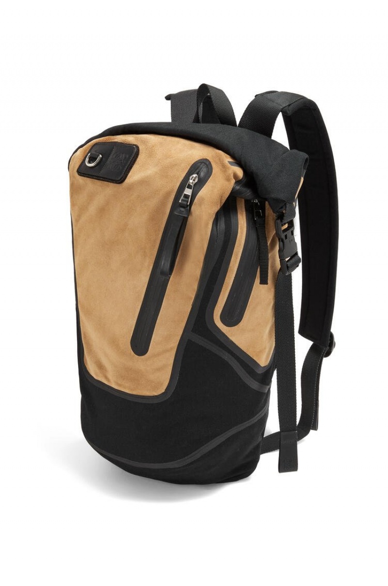 Mochilas Loewe Technical backpack in recycled canvas and suede Hombre Negras Doradas Oscuro | 536HURLPK