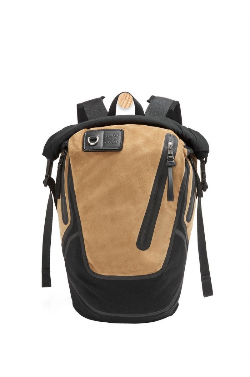 Mochilas Loewe Technical backpack in recycled canvas and suede Hombre Negras Doradas Oscuro | 536HURLPK