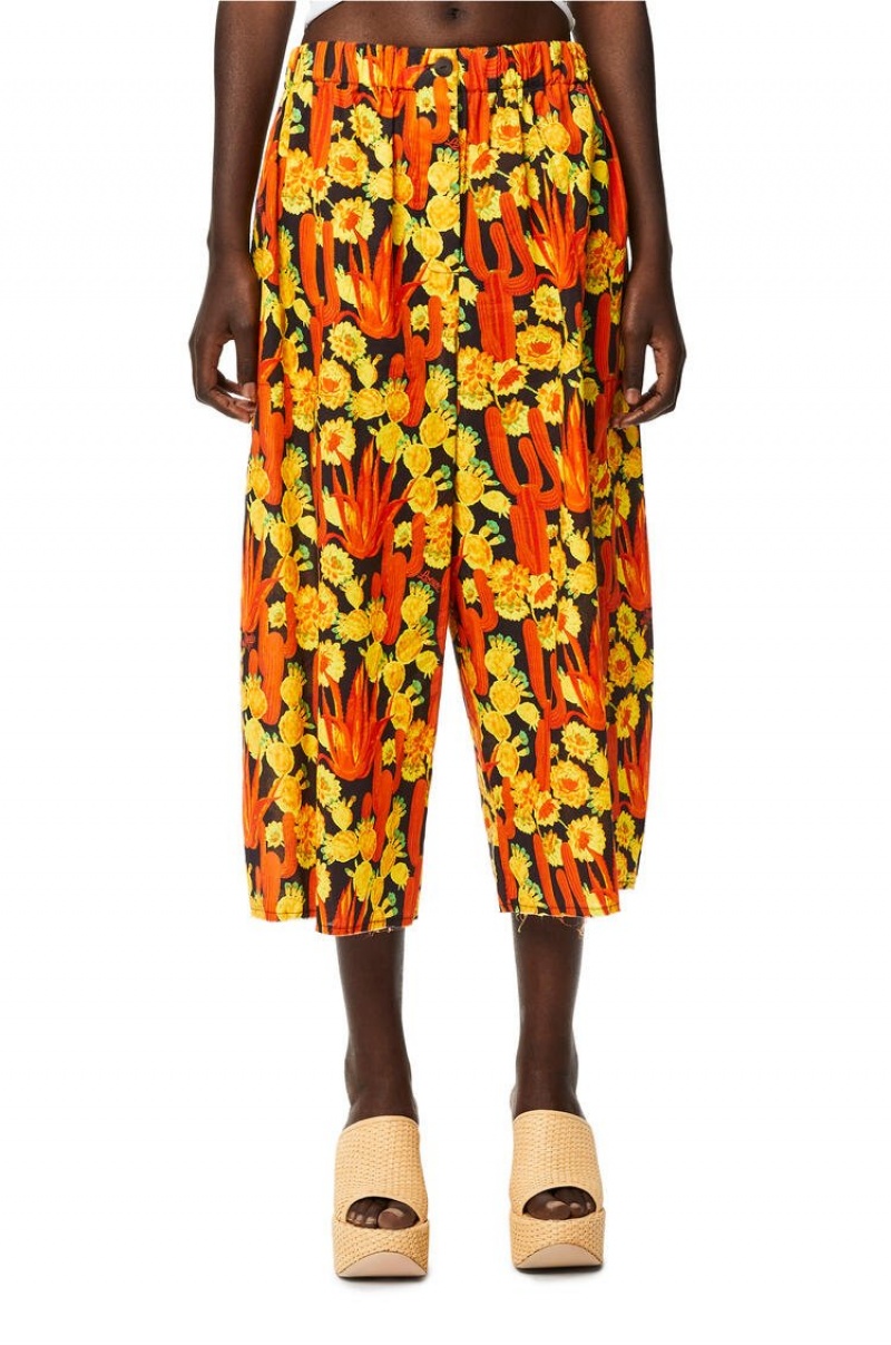 Pantalones Loewe Cactus print cropped trousers in cotton Mujer Negras Naranjas Doradas | 284OFJVZI