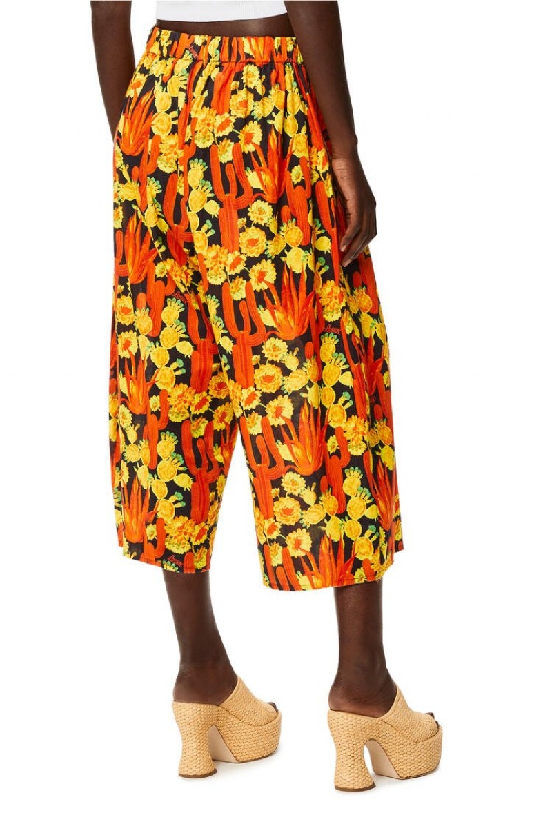 Pantalones Loewe Cactus print cropped trousers in cotton Mujer Negras Naranjas Doradas | 284OFJVZI