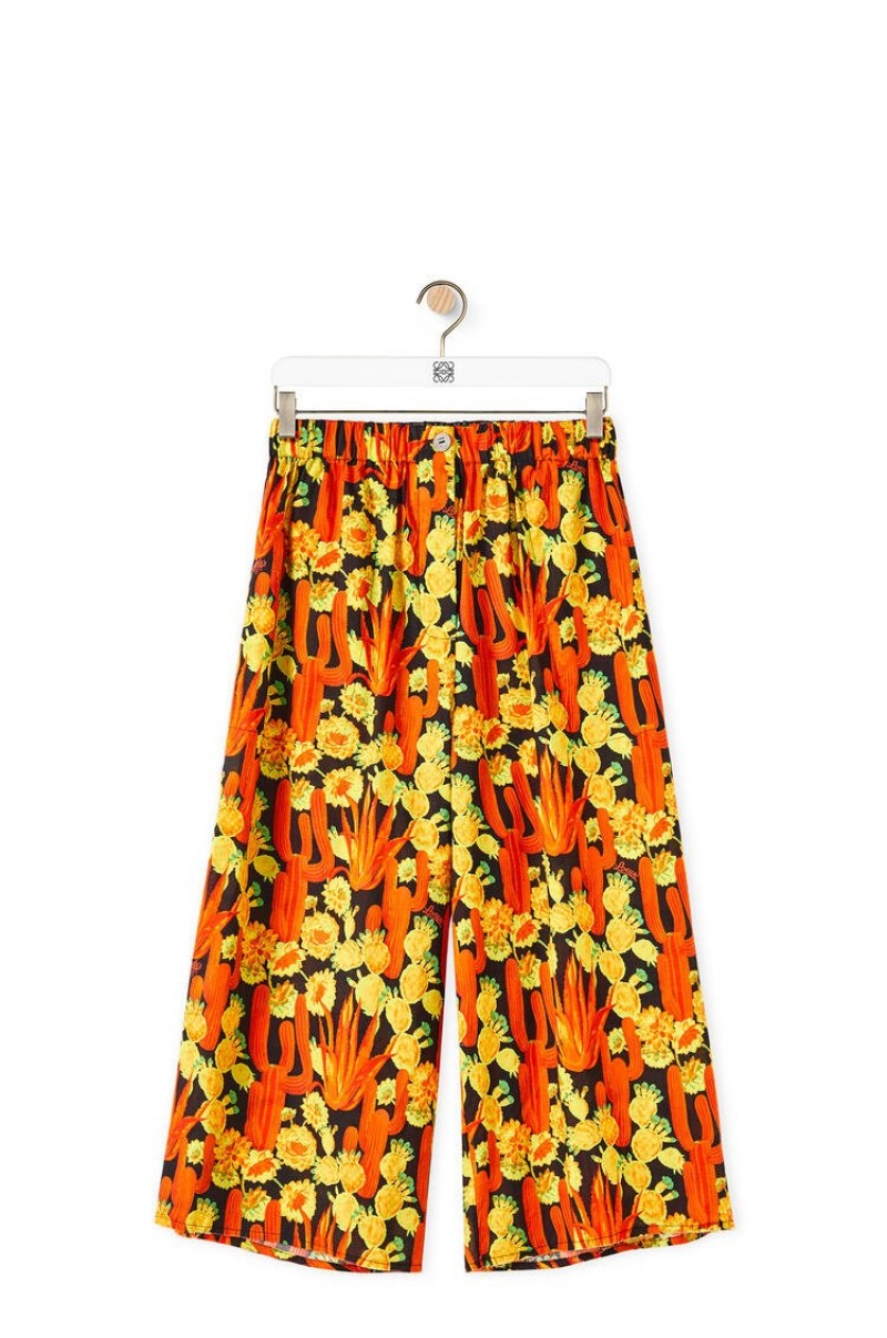 Pantalones Loewe Cactus print cropped trousers in cotton Mujer Negras Naranjas Doradas | 284OFJVZI