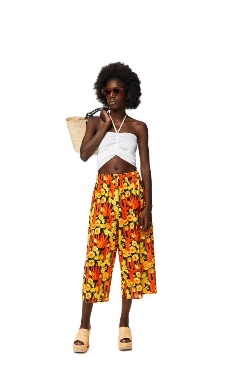 Pantalones Loewe Cactus print cropped trousers in cotton Mujer Negras Naranjas Doradas | 284OFJVZI