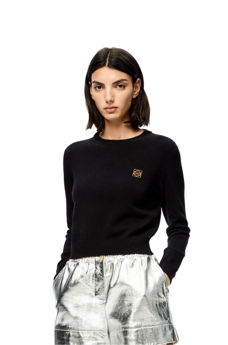 Prendas De Punto Loewe Anagram cropped sweater in wool Mujer Negras | 846ASLDCY