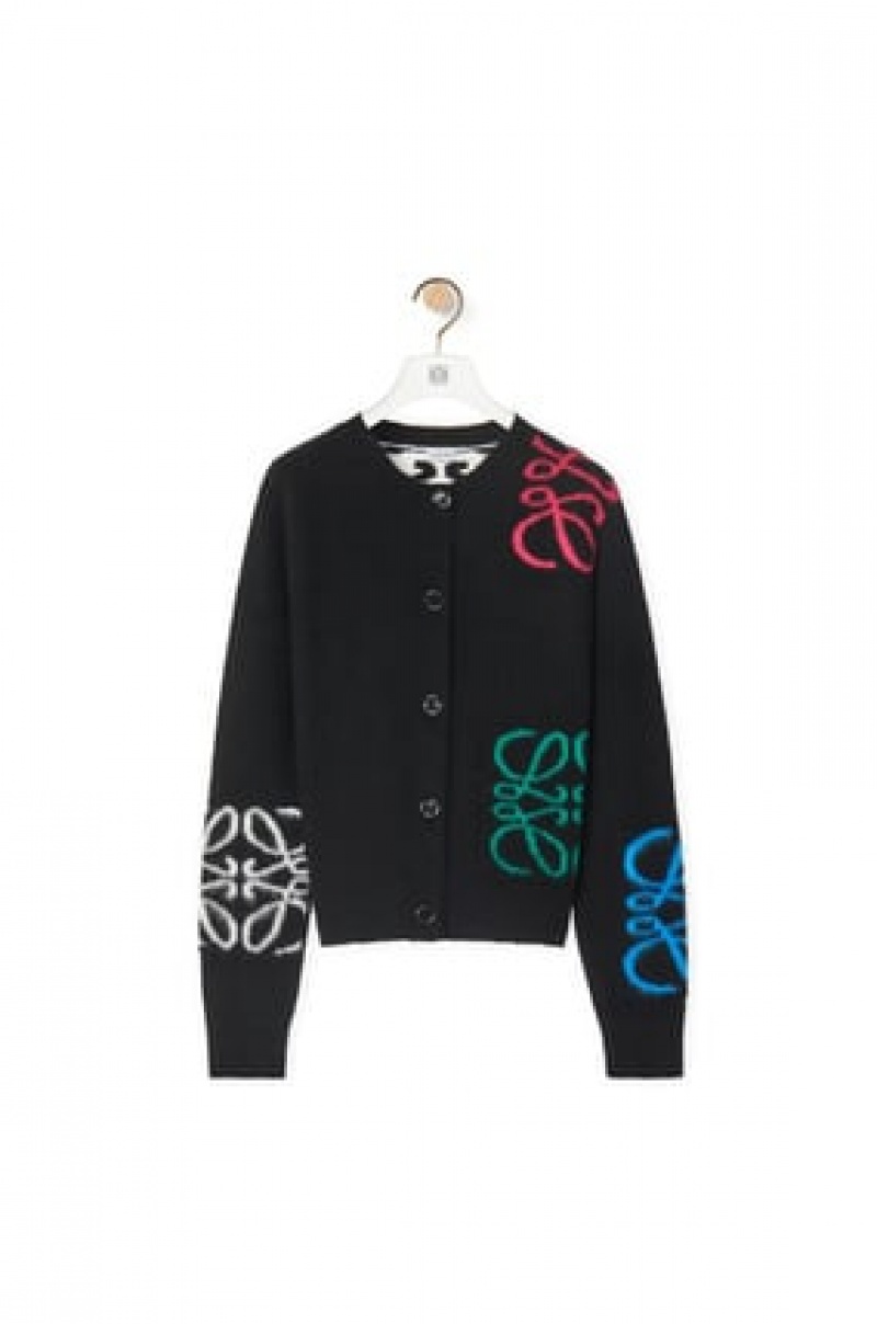 Prendas De Punto Loewe Anagram intarsia cardigan in wool Mujer Negras Multicolor | 478HFTCXA