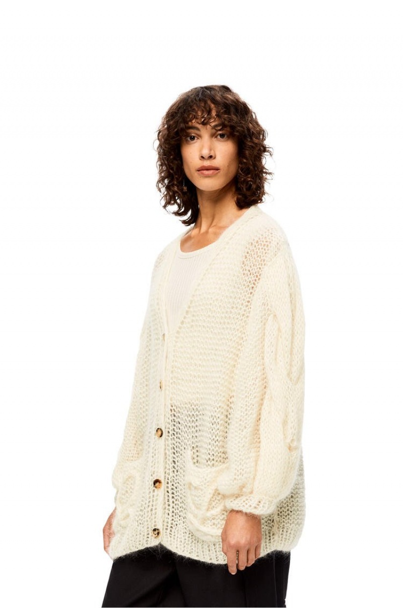 Prendas De Punto Loewe Anagram knitted cardigan in mohair Mujer Ecru | 871CGXDAY