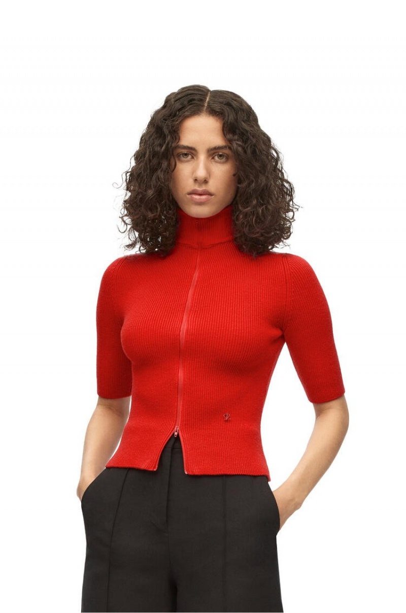 Prendas De Punto Loewe Cropped zip up sweater in wool Mujer Vermillion | 642EFRIQN