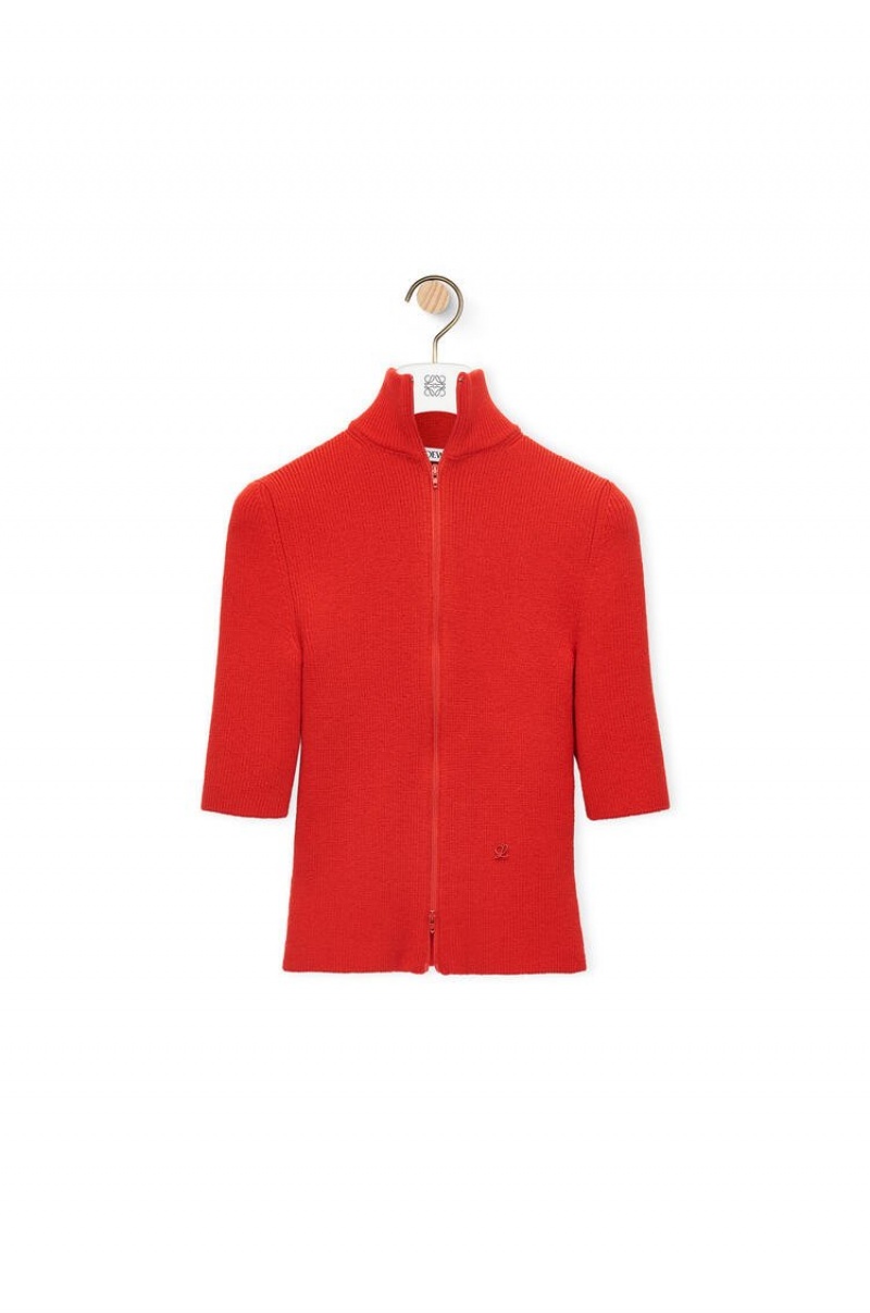 Prendas De Punto Loewe Cropped zip up sweater in wool Mujer Vermillion | 642EFRIQN