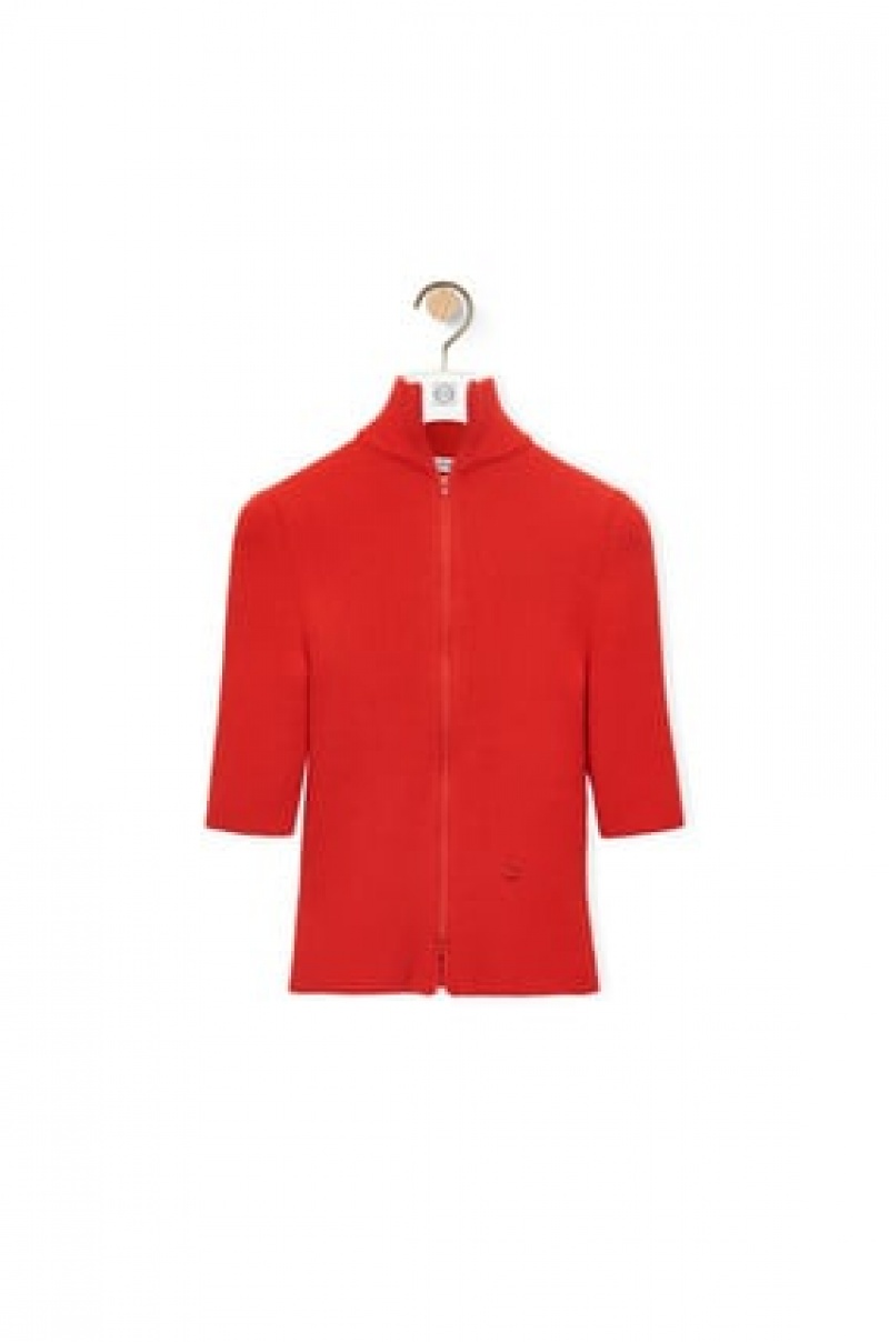 Prendas De Punto Loewe Cropped zip up sweater in wool Mujer Vermillion | 642EFRIQN