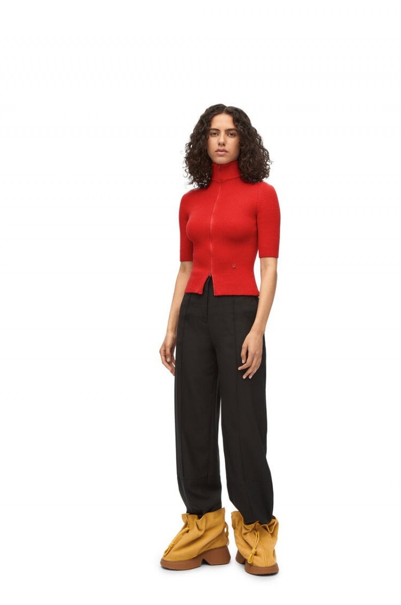 Prendas De Punto Loewe Cropped zip up sweater in wool Mujer Vermillion | 642EFRIQN